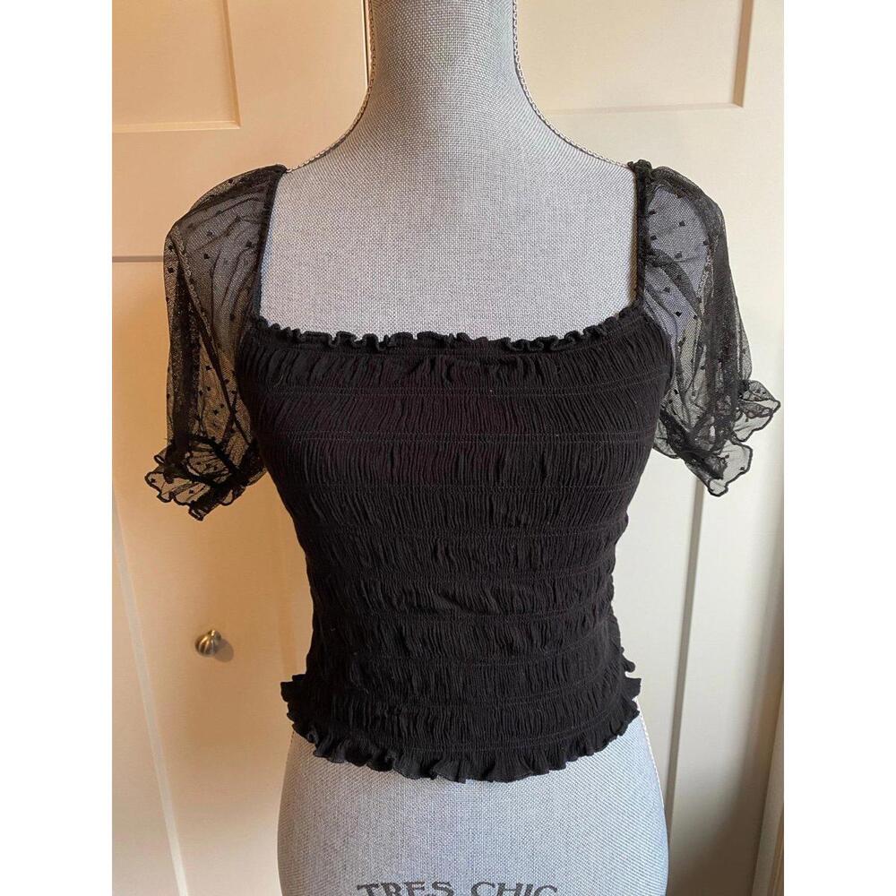 Ambiance Top Sheer Lace Sleeve Stretch Small Crop Whimsy Goth Fairy